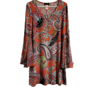 MSK Women's Orange Paisley Dress Shift Short Long Split Bell Sleeves Size Large